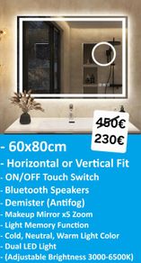 LED Bathroom Mirror Dual LED Speakers Antifog Bluetooth Fog Free Makeup Cosmetic Zoom x5 Vanity 80x60cm or 60x80cm Horizontal Vertical Cold Warm Neutral Bright Light