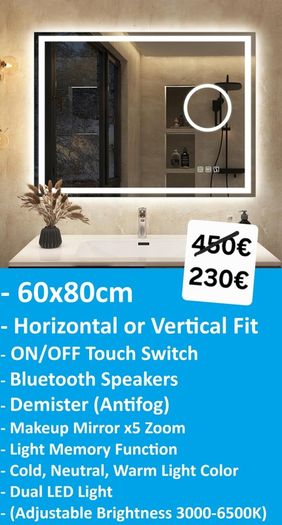 LED Bathroom Mirror Dual LED Speakers Antifog Bluetooth Fog Free Makeup Cosmetic Zoom x5 Vanity 80x60cm or 60x80cm Horizontal Vertical Cold Warm Neutral Bright Light