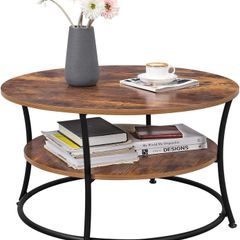 Round Coffee Table, Living Room Table, Coffee Table with Shelf, Easy Assembly, Metal, Industrial Design, Vintage, Dark Brown