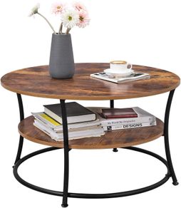 Round Coffee Table, Living Room Table, Coffee Table with Shelf, Easy Assembly, Metal, Industrial Design, Vintage, Dark Brown
