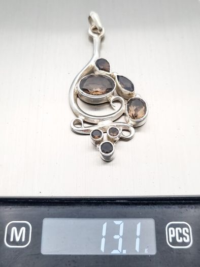 Vintage Large Chunky Smoky Quartz Silver Pendant