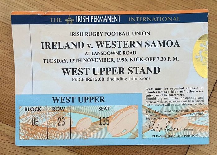 Very Rare 1996 Ireland v Western Samoa - November International Programme + Match Ticket