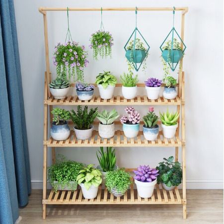 100cm 3 Tier Foldable Bamboo Flower Pot Plants Display Shelf Planter Organizer for Outdoor Indoor