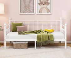 Single Daybed Frame 3ft Sofa Bed Steel Slats Platform Bed Frame 90x190 cm Children Bed For Living Room Guest Room,White