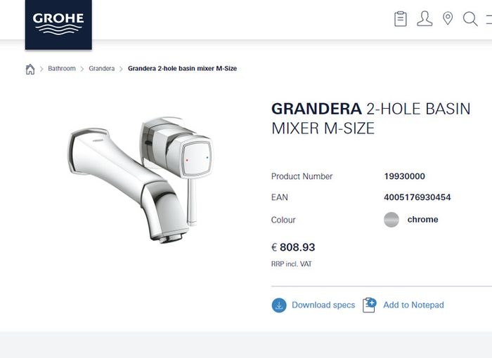 GROHE 19930000 Grandera 2-Hole Basin Tap, Wall-Mounted, 234 mm