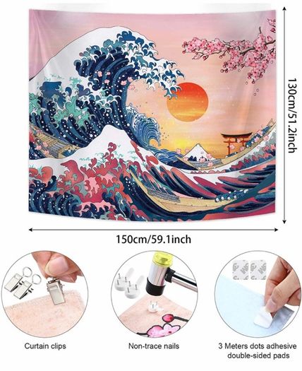 The Great Wave Tapestry Japanese Ocean Wave Wall Decorations Cherry Blossom Tree Backdrop Japanese Home Decor