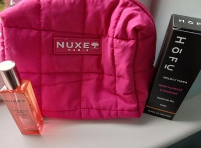 Hofu Parfum Oil, Wildly Hana, Irish Flowers & Rhubarb, 10ml, has been tested, and Nuxe Prodigieux Floral parfum 15ml, new, with Nuxe toiletry bag