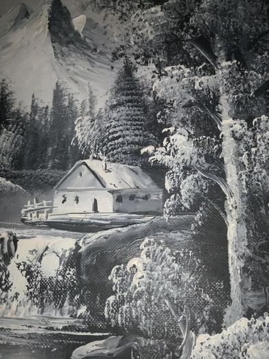 Black and white oil painting in silver frame