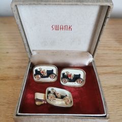 Vintage Swank Cufflinks & Tie Clip Set - Antique Car Series (1960s)