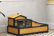 Wooden Tortoise House with Balcony, Tray, Roof, for Indoor and Outdoor, Yellow