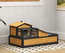 Wooden Tortoise House with Balcony, Tray, Roof, for Indoor and Outdoor, Yellow