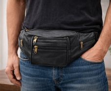 Real Leather Waist Bag with Multiple Zippers | Black Fanny Pack for Travel, Outdoor