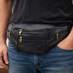 Real Leather Waist Bag with Multiple Zippers | Black Fanny Pack for Travel, Outdoor