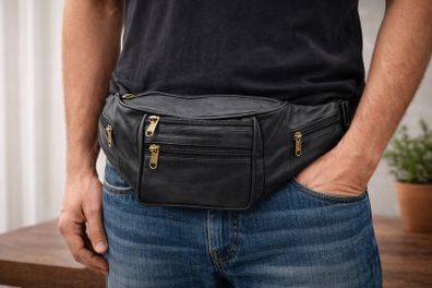 Real Leather Waist Bag with Multiple Zippers | Black Fanny Pack for Travel, Outdoor