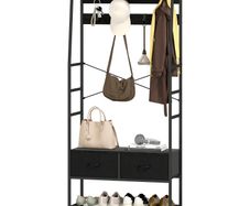 Coat Rack with Shoe Shelf, Industrial-Style Clothes Rack, 2 Fabric Drawers, 8 Hooks, Metal Frame, Black