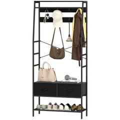 Coat Rack with Shoe Shelf, Industrial-Style Clothes Rack, 2 Fabric Drawers, 8 Hooks, Metal Frame, Black