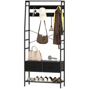 Coat Rack with Shoe Shelf, Industrial-Style Clothes Rack, 2 Fabric Drawers, 8 Hooks, Metal Frame, Black