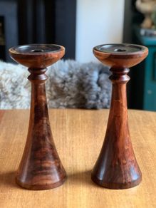 Pair of mixed wood with metal insert candlestick holders