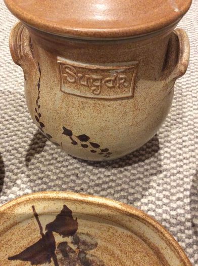OFFERS WELCOME PLEASE -Ballydougan Stoneware Pottery - 4 Pieces . Biscuit ( Old Irish writing) Sugar and Tea lidded Jars and a shallow bowl shaped dish for biscuits