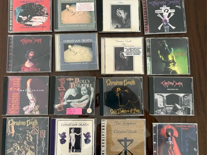 Christian Death. Seventeen CDs by goth band. All excellent condition. Many US pressings. Includes one very rare misprinted CD. Five euro each or sixty euro for the lot including post.