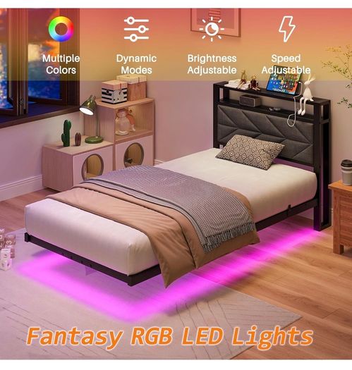 Metal Bed Frame with LED Lights and Charging Station, Heavy Duty Metal Slat Support, Noise Free, No Box Spring Needed