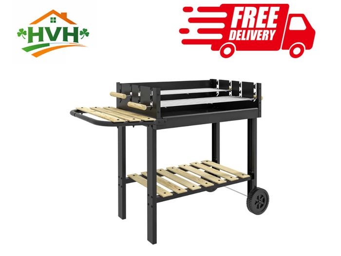 Charcoal BBQ Grill, Barbecue Trolley with Double Adjustable Grill, Side Table, Storage Shelf and Wheels for Outdoor Garden Party Cooking, Black