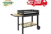 Charcoal BBQ Grill, Barbecue Trolley with Double Adjustable Grill, Side Table, Storage Shelf and Wheels for Outdoor Garden Party Cooking, Black
