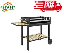 Charcoal BBQ Grill, Barbecue Trolley with Double Adjustable Grill, Side Table, Storage Shelf and Wheels for Outdoor Garden Party Cooking, Black