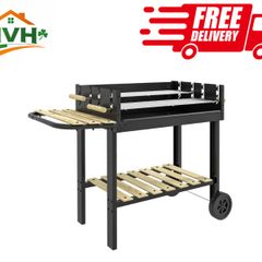 Charcoal BBQ Grill, Barbecue Trolley with Double Adjustable Grill, Side Table, Storage Shelf and Wheels for Outdoor Garden Party Cooking, Black