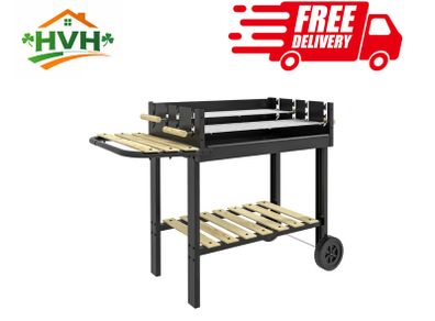 Charcoal BBQ Grill, Barbecue Trolley with Double Adjustable Grill, Side Table, Storage Shelf and Wheels for Outdoor Garden Party Cooking, Black