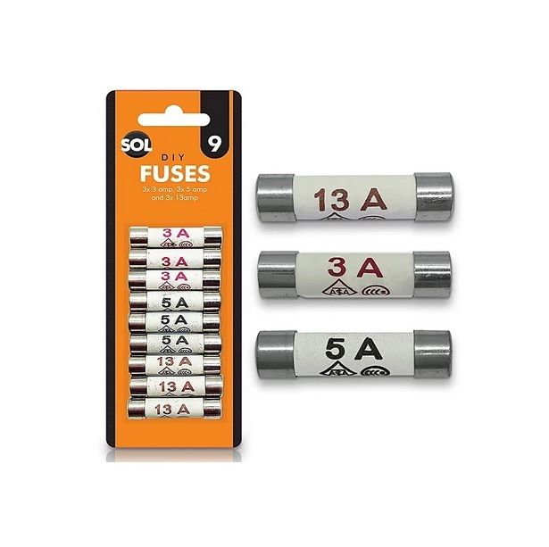 9pcs Fuses Mixed Household (13 Amp / 5 Amp / 3 Amp)