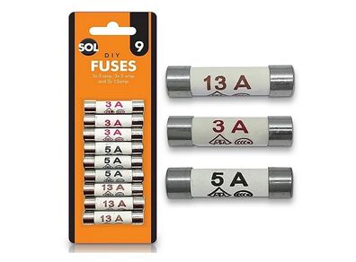 9pcs Fuses Mixed Household (13 Amp / 5 Amp / 3 Amp)