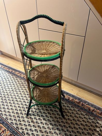 Vintage three-tier wicker and rattan display stand