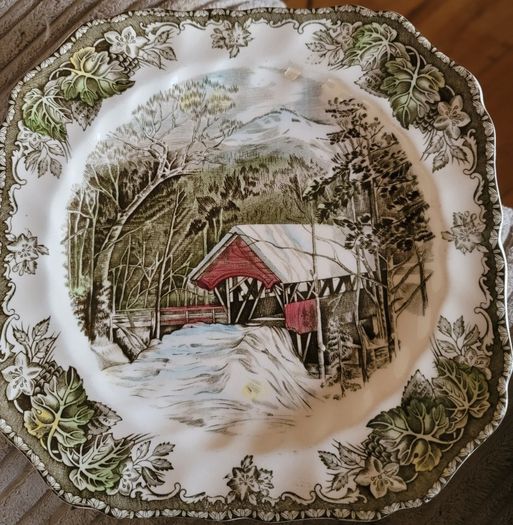 Set of 3 Vintage The Friendly Village The Covered Bridge by Johnson Bros Square Bone China Plates