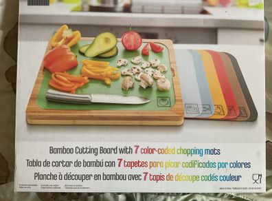 Seville Classics Bamboo Cutting Board with 7 Colour Coded Chopping Mats