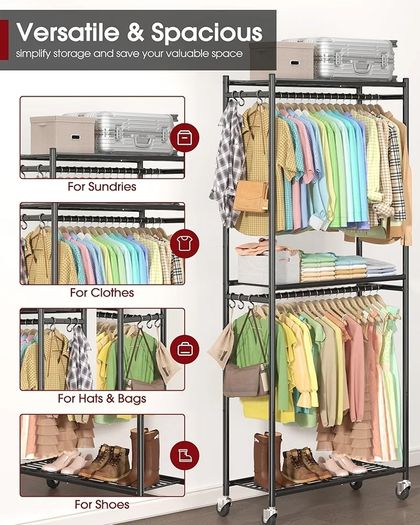 Clothes Rail  Clothes Rack with Shelves & Wheels, Multi-Functional Clothing Rail with Hooks, Sturdy Metal Garment Rack for Bedroom, Laundry, Balcony, 84cm / 31cm / 202cm, Black