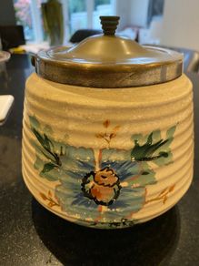 Bramley vintage ribbed biscuit barrel with  silver plated lid .
