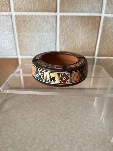 Vintage Handpainted Terracotta Ashtray & Round Carved Wooden Handpainted Trinket Box