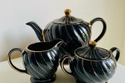 Vintage Sadler England Black and Gold Swirl Tea Set Teapot, Sugar Bowl and Milk Jug