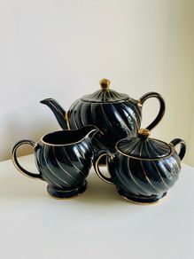 Vintage Sadler England Black and Gold Swirl Tea Set Teapot, Sugar Bowl and Milk Jug