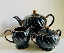 Vintage Sadler England Black and Gold Swirl Tea Set Teapot, Sugar Bowl and Milk Jug