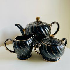 Vintage Sadler England Black and Gold Swirl Tea Set Teapot, Sugar Bowl and Milk Jug