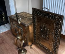 Vintage Brass Fireplace Companion Set & Coal Box