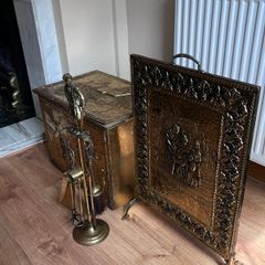 Vintage Brass Fireplace Companion Set & Coal Box