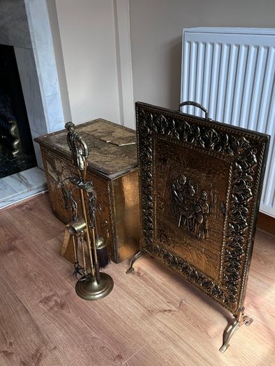 Vintage Brass Fireplace Companion Set & Coal Box