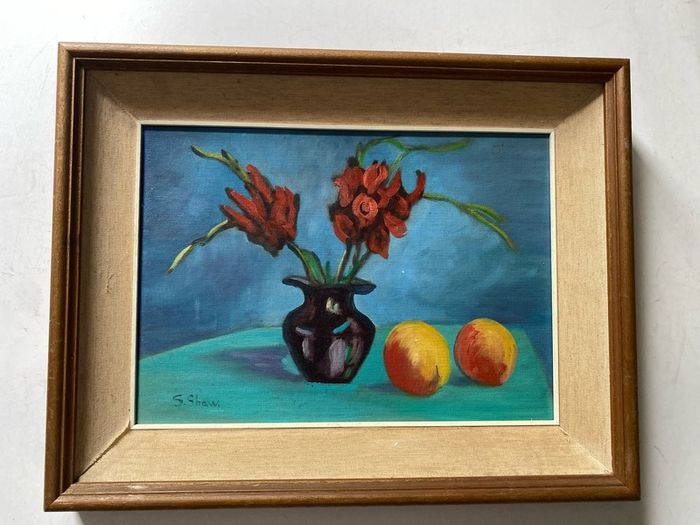 picture This mid-20th-century floral and fruit still life painting is signed S. Shaw in the lower left corner.