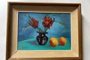 picture This mid-20th-century floral and fruit still life painting is signed S. Shaw in the lower left corner.