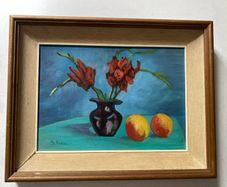 picture This mid-20th-century floral and fruit still life painting is signed S. Shaw in the lower left corner.