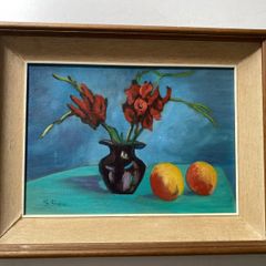 picture This mid-20th-century floral and fruit still life painting is signed S. Shaw in the lower left corner.