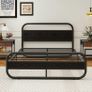 King Size Bed Frame Metal Platform Bed Frame with Wood Headboard Image 3